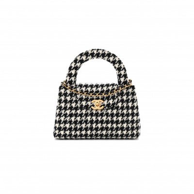 CHANEL MASTER TWEED HOUNDSTOOTH QUILTED NANO KELLY SHOPPER BLACK WHITE AS4416 (19*13*7cm)